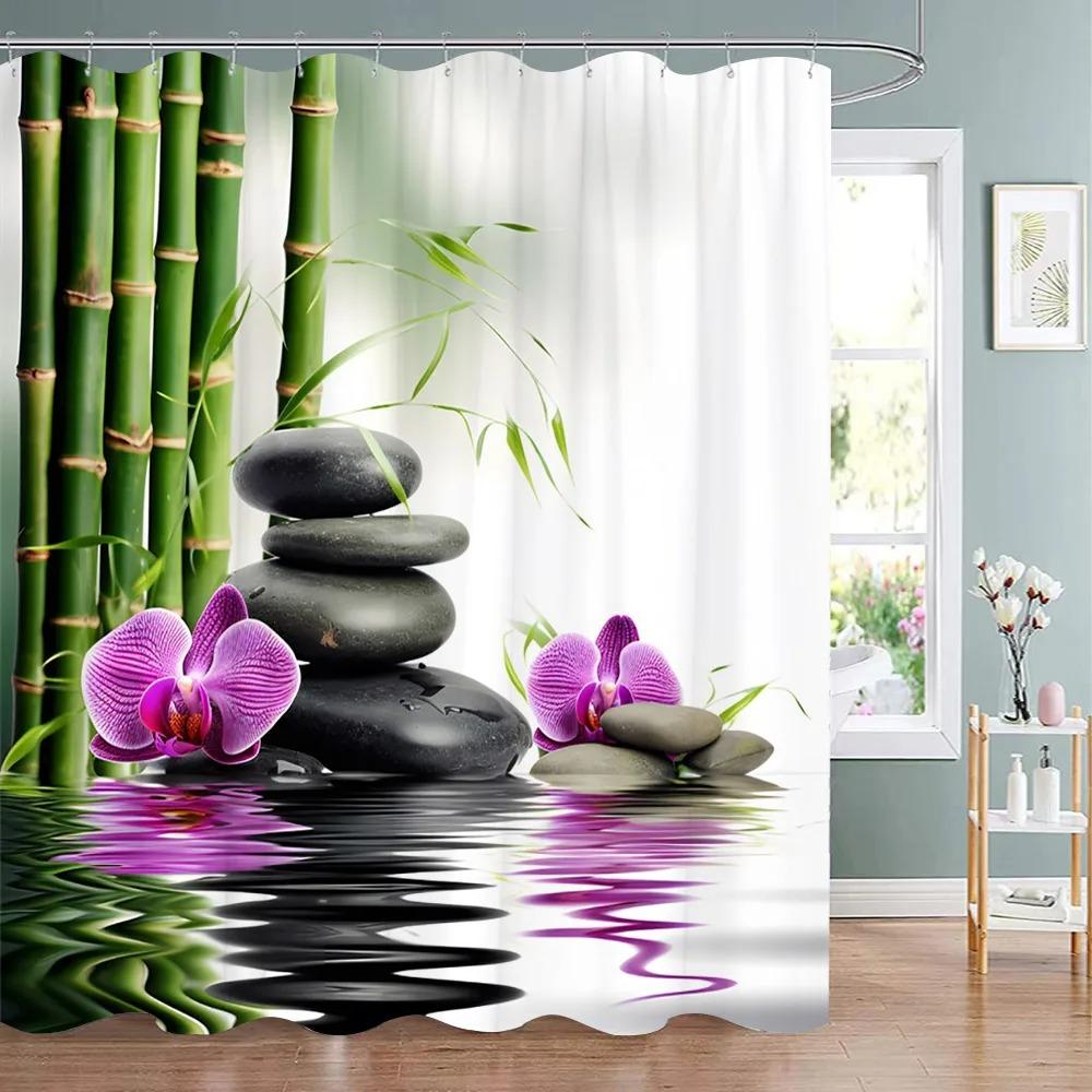 Зеленый бамбук Дзен Занавеска для душа Дзен Камень Цветок Цветы Медитация Дзен Полиэстеровая ткань Занавески для ванны Декор для ванной комнаты С крючками 120x180cm-47x70in