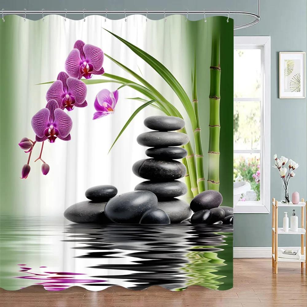 Зеленый бамбук Дзен Занавеска для душа Дзен Камень Цветок Цветы Медитация Дзен Полиэстеровая ткань Занавески для ванны Декор для ванной комнаты С крючками 120x180cm-47x70in