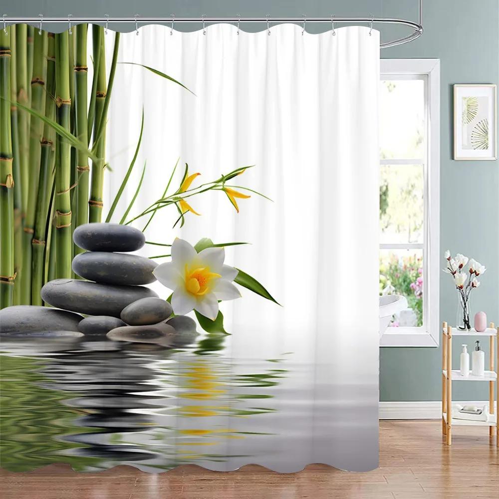 Зеленый бамбук Дзен Занавеска для душа Дзен Камень Цветок Цветы Медитация Дзен Полиэстеровая ткань Занавески для ванны Декор для ванной комнаты С крючками 90x180cm-35x70in
